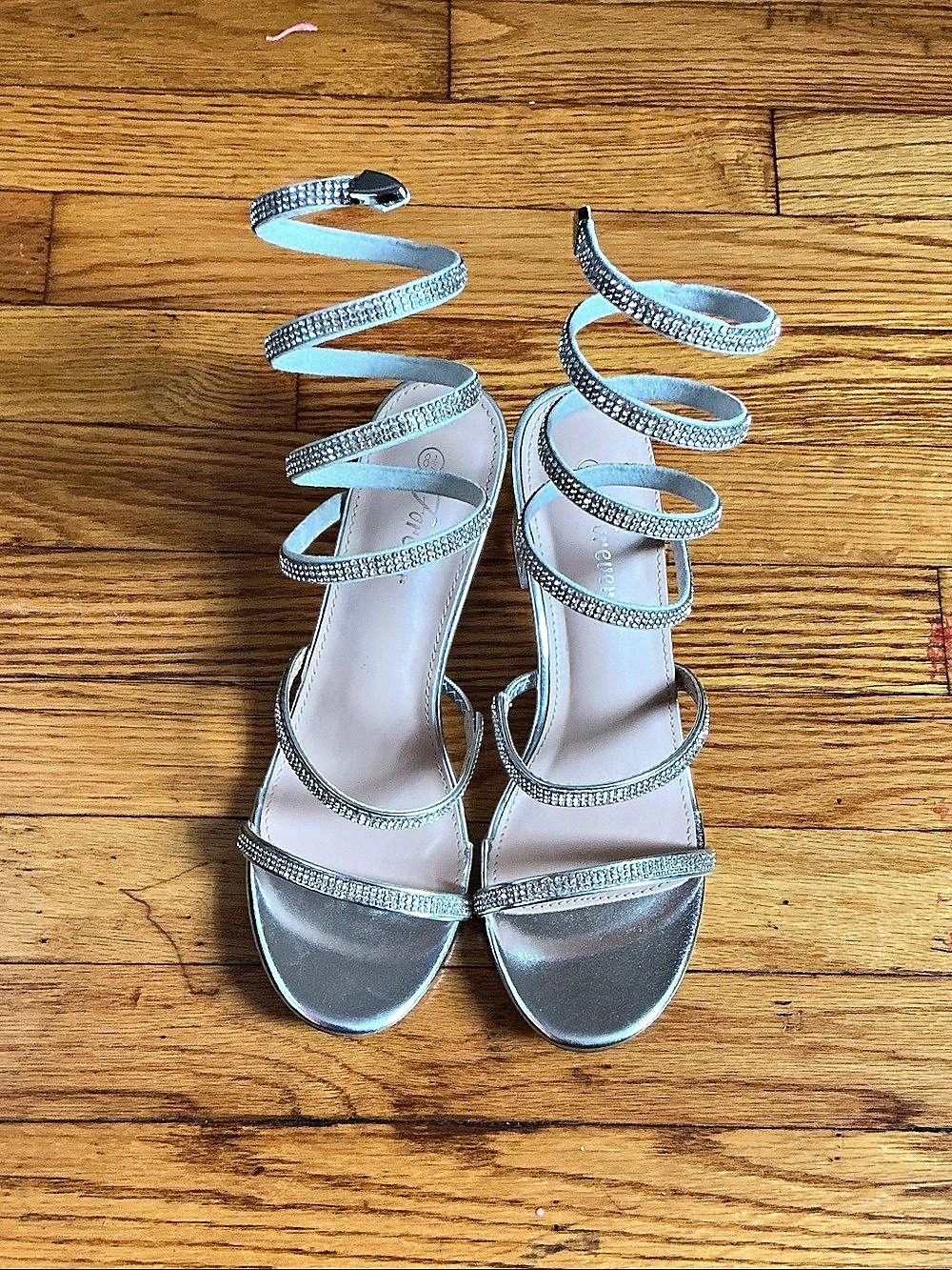Forever Silver Rhinestone Ankle Wrap Heels